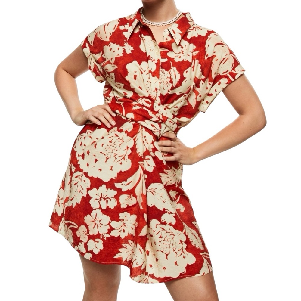 Mango MNG Botanical Floral Tropical Mini Shirt Dress Size Medium Orange & Cream